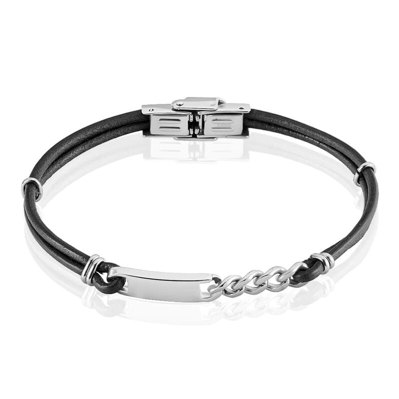 Bracciale con targhetta in acciaio e pelle nera - Spannringe Herren | OROVIVO