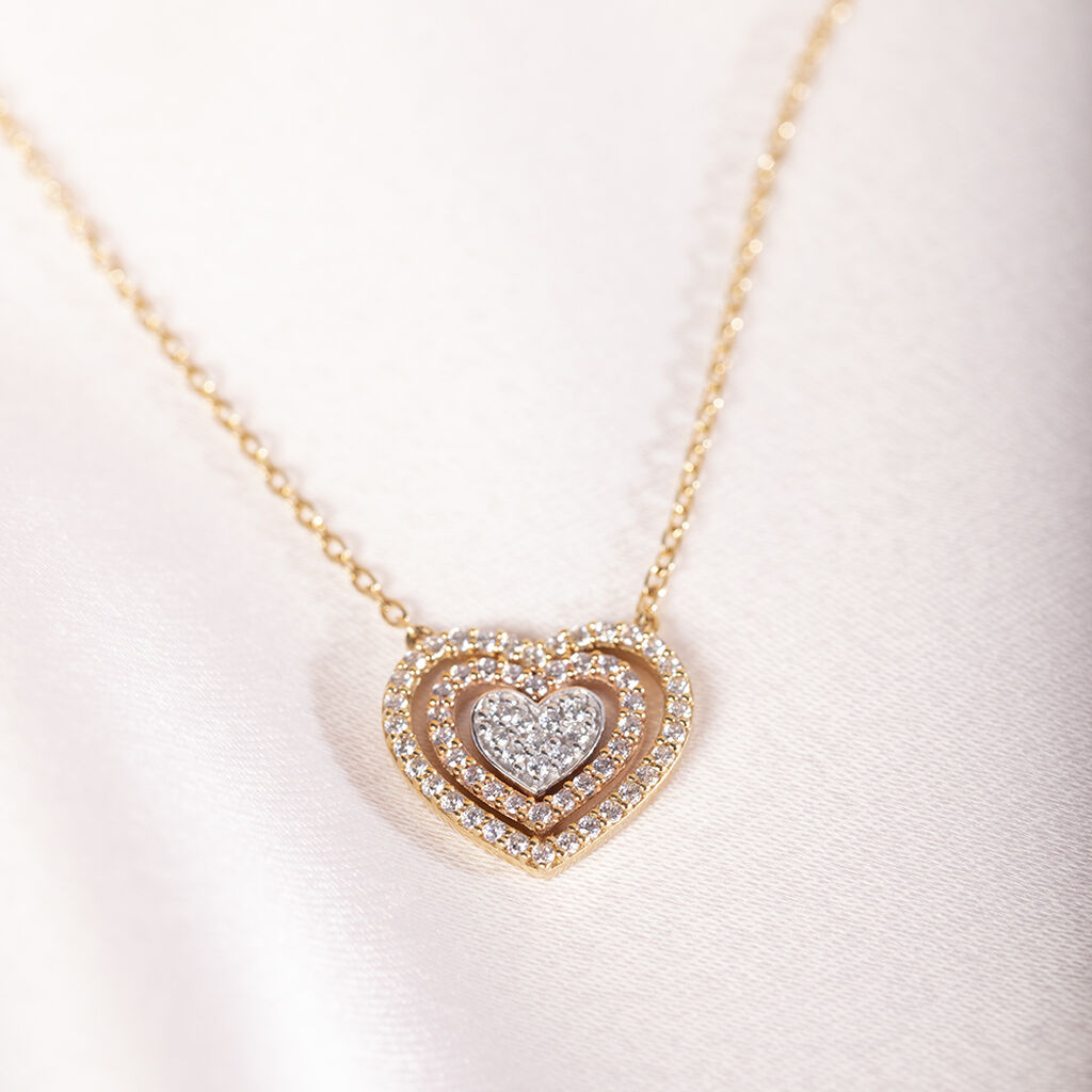 HERZ Damen Collier Gold Tricolor 375 (9 Karat) Zirkonia Wei&szlig; Herz