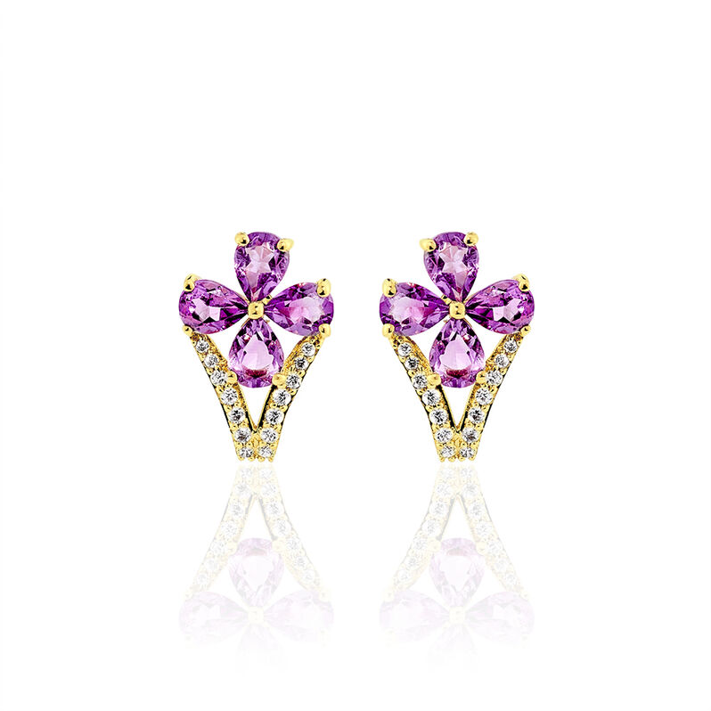 Boucles D'oreilles Puces Or Jaune Amethyste Et Oxyde De Zirconium - Spannringe Damen | OROVIVO