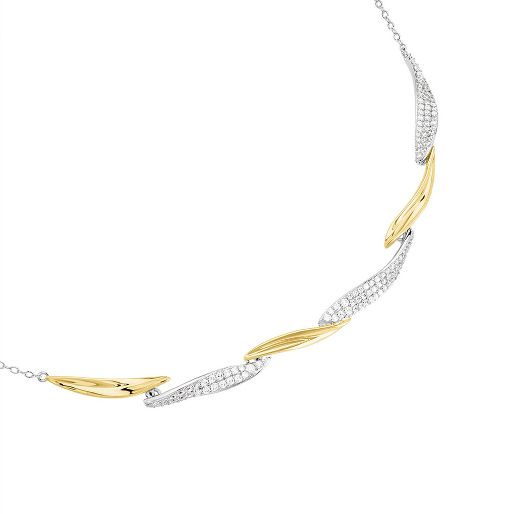 PAMINA Damen Collier Silber Bicolor Gelb/Silber 925 Zirkonia Weiß 0,1 ct Palmblatt - Halsketten Damen | OROVIVO