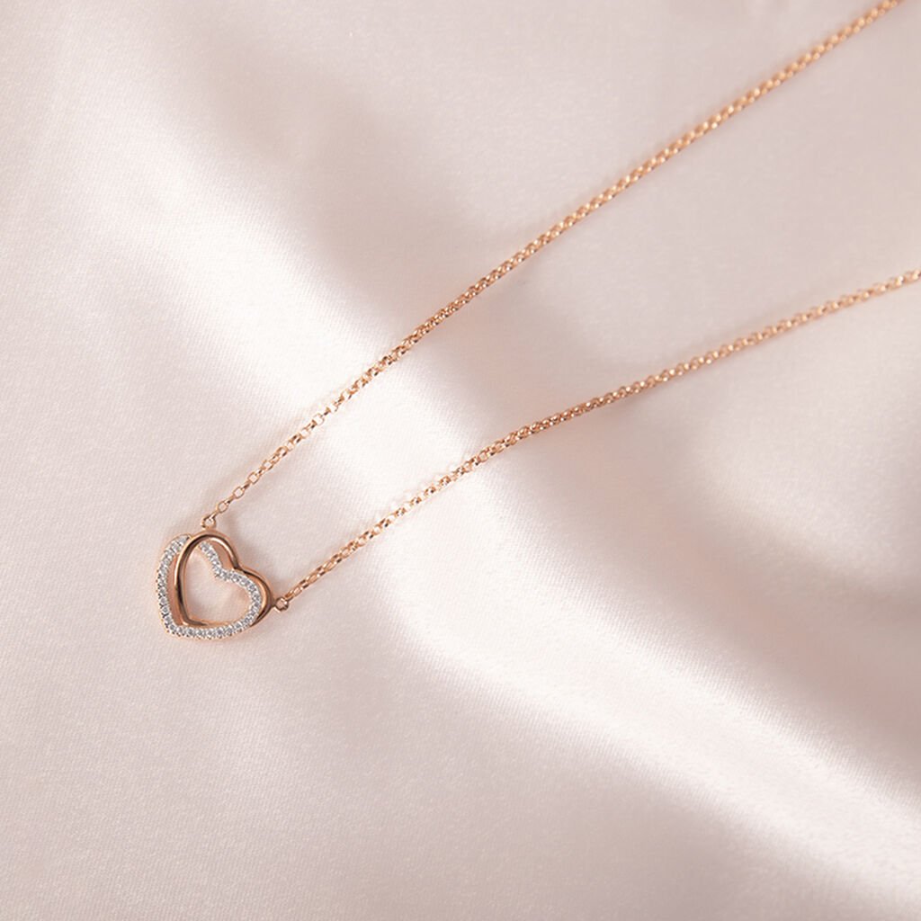 EMONA Damen Collier Silber rosevergoldet 925 Zirkonia Wei&szlig; Doppelherz