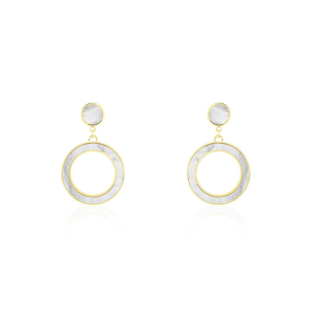 LILY Damen Ohrringe Lang Edelstahl vergoldet Perlmutt Wei&szlig; Kreis