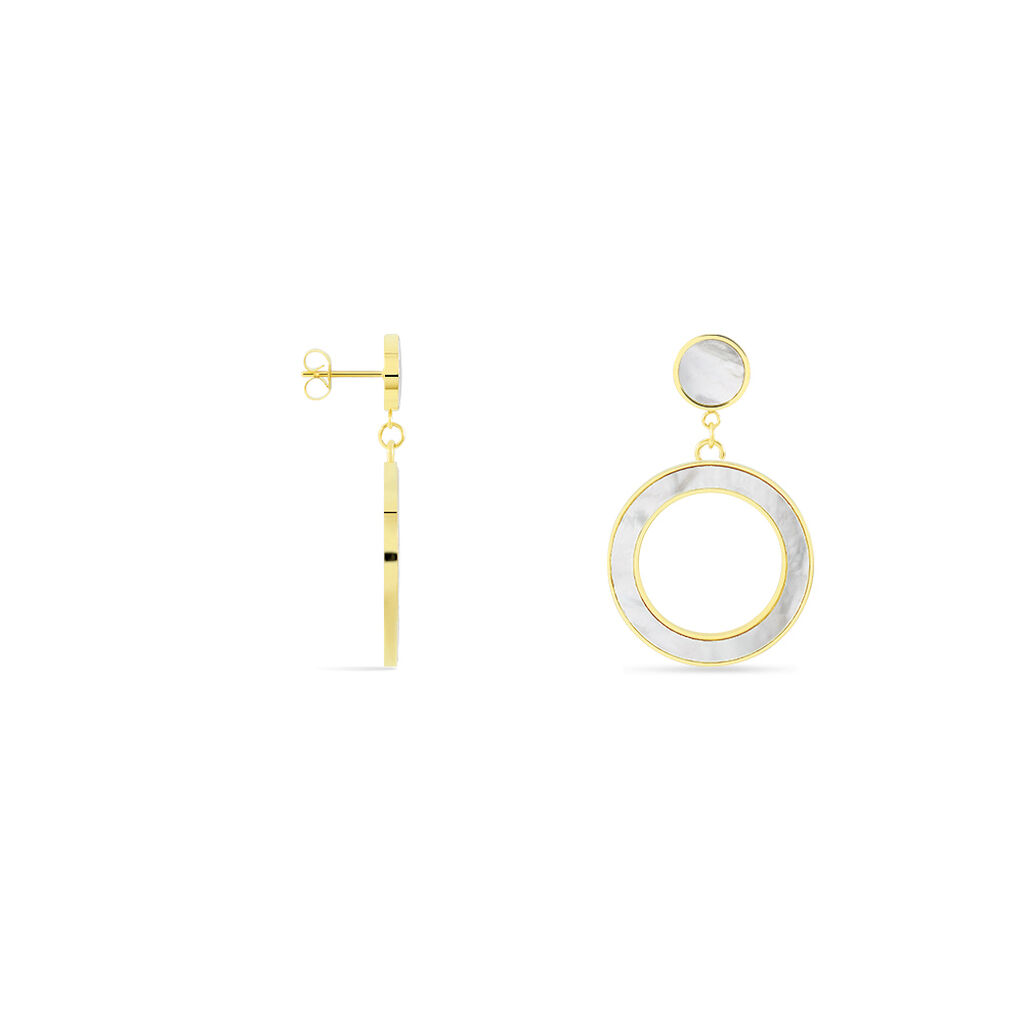 LILY Damen Ohrringe Lang Edelstahl vergoldet Perlmutt Wei&szlig; Kreis