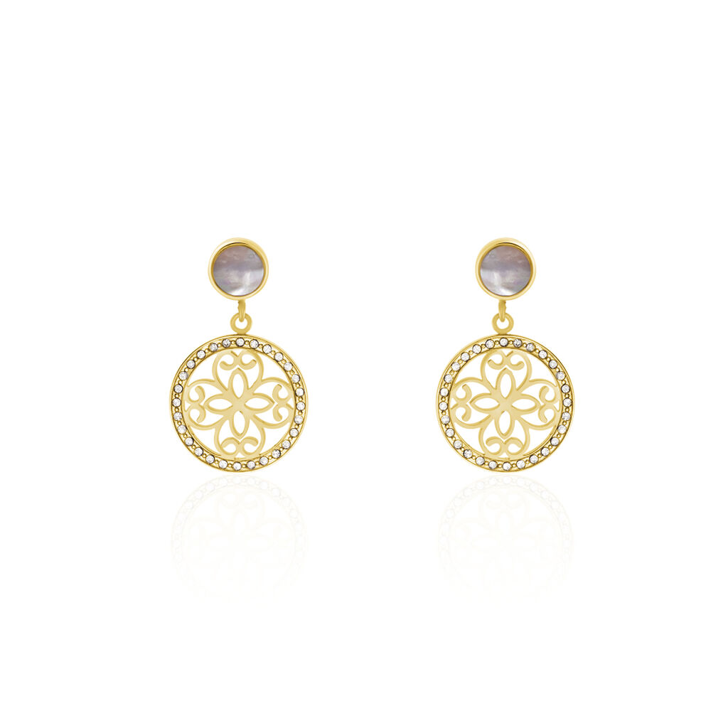 MITKA 1 Damen Ohrringe Lang Edelstahl vergoldet Kristall Wei&szlig; 0,11 ct Rosette