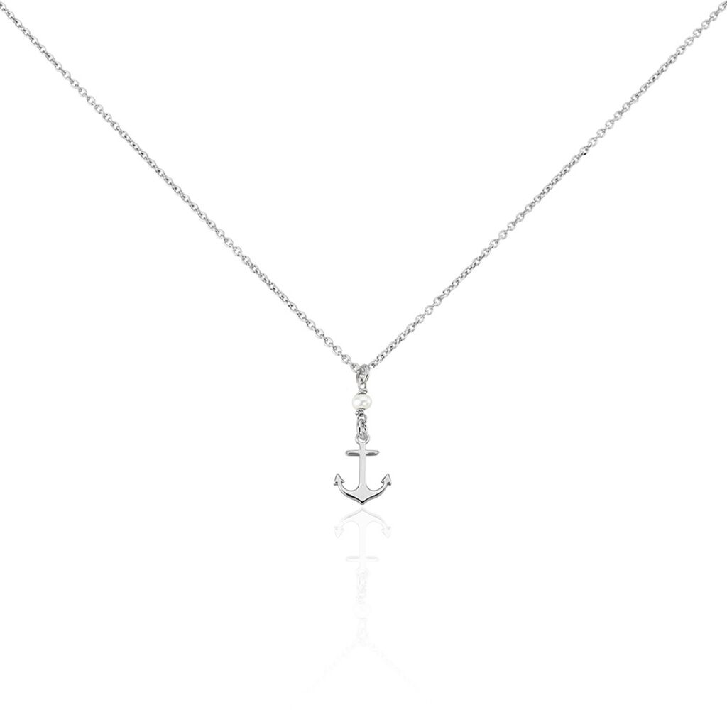 GWENAELLE Damen Bib Halskette Silber 925 Zuchtperle Weiß 0,2 ct Anker, Bib Halskette mit Stein