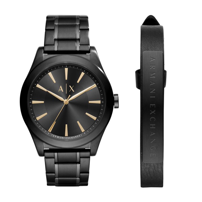 Set orologio in acciaio nero e bracciale in pelle nero con logo - Spannringe Herren | OROVIVO