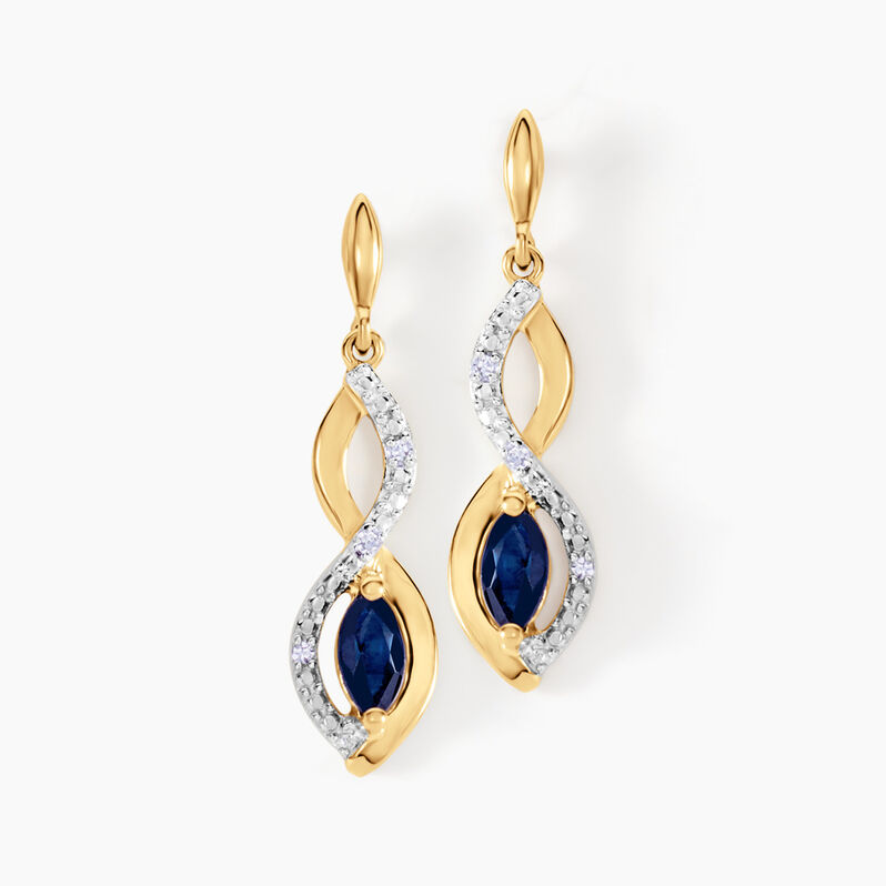 Boucles D'oreilles Pendantes Ondulations Or Jaune Saphir Diamant - Spannringe Damen | OROVIVO