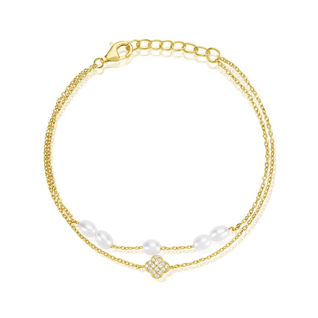 Angelina Damen Armband Silber vergoldet 925 Zuchtperle Weiß 3 ct Blume B 1,2 mm, Armband mit Stein