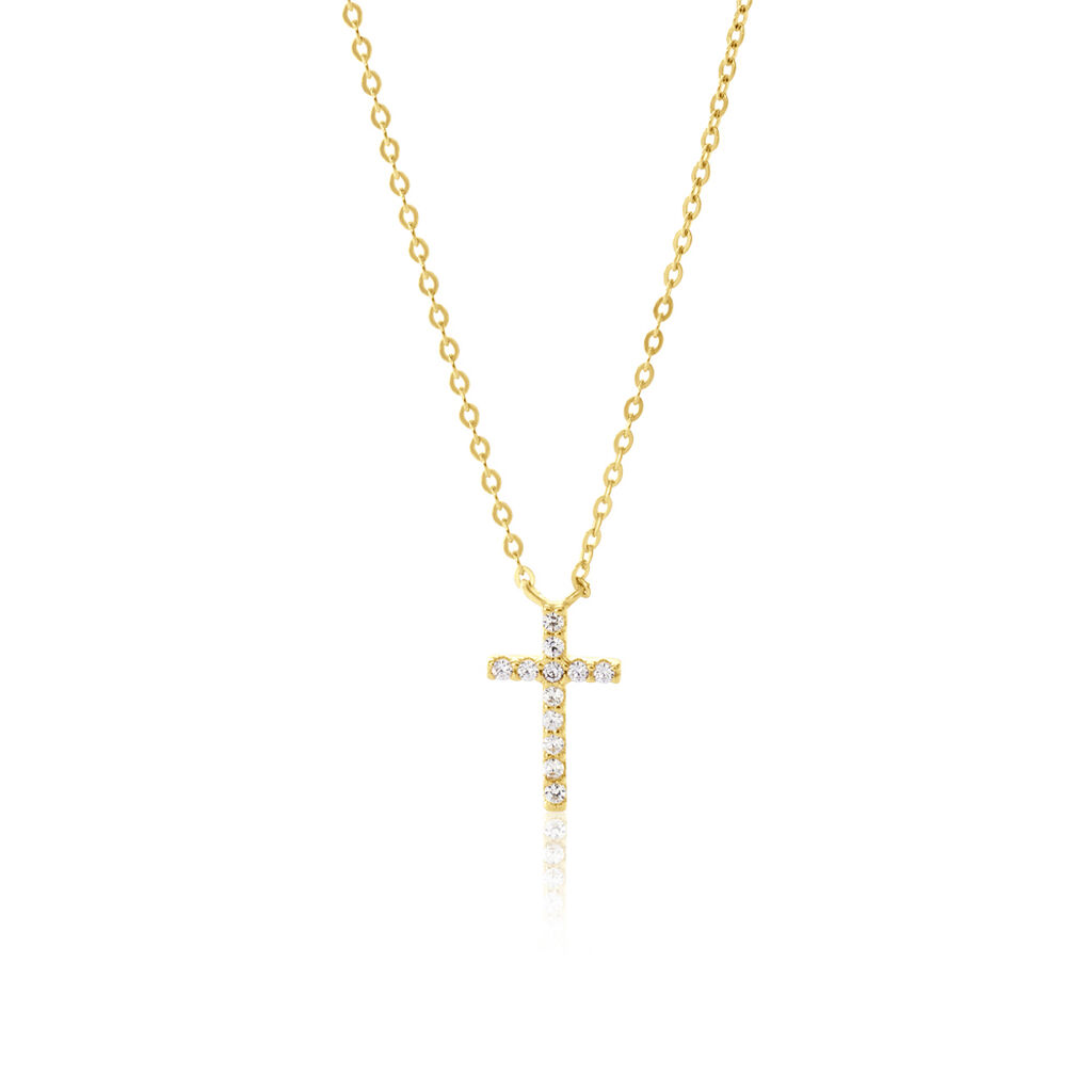 Ponia Damen Collier Gold 375 (9 Karat) Zirkonia Wei&szlig; Kreuz