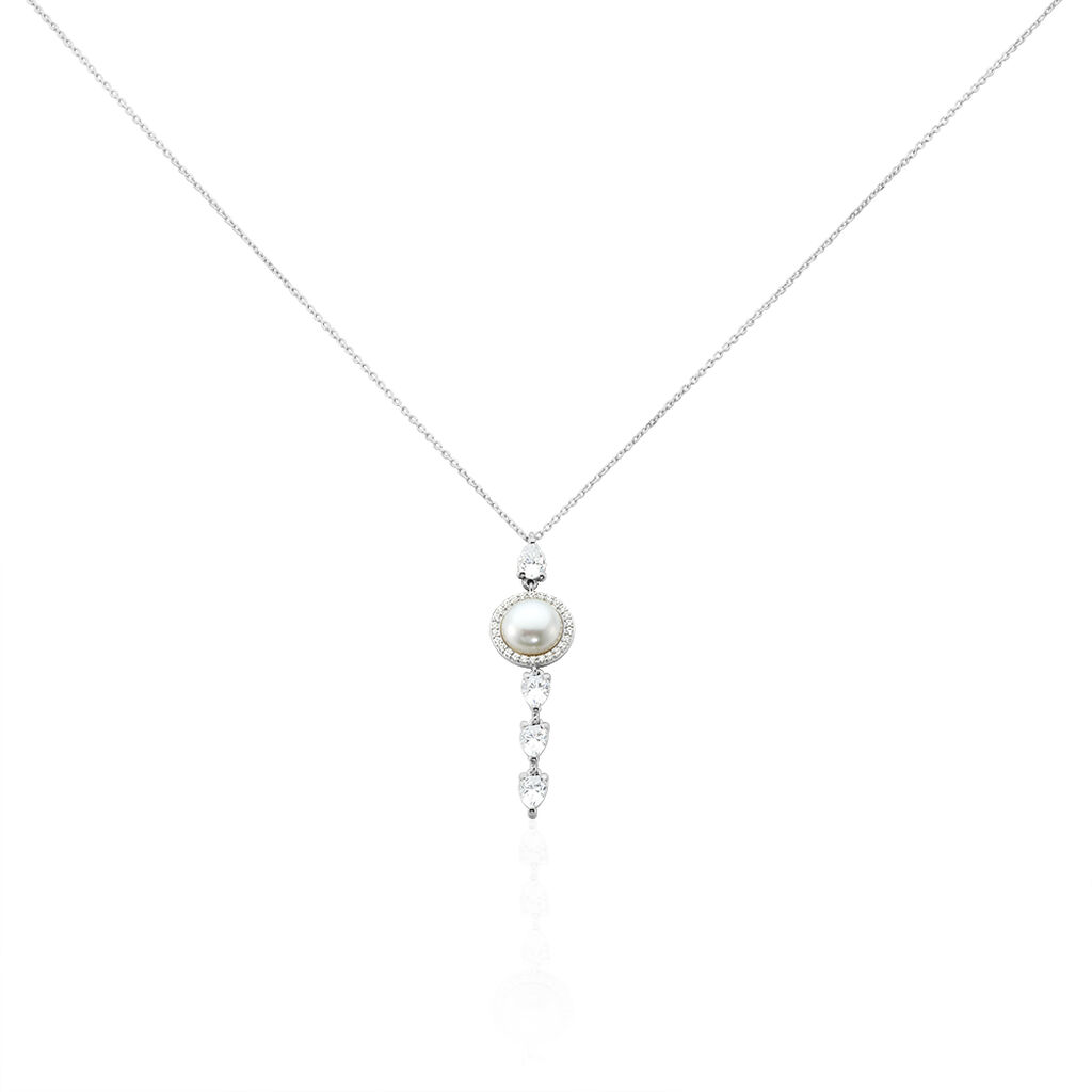 Damen Halskette Weißgold 585 Zirkonia Zuchtperle, Collier mit Stein