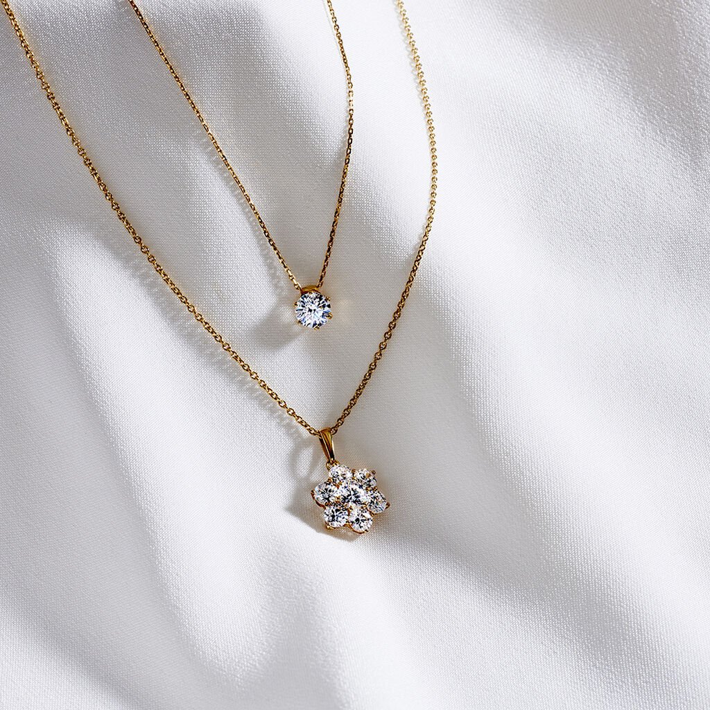 Damen Collier Gold 375 (9 Karat) Zirkonia Wei&szlig; 3,84 ct Blume