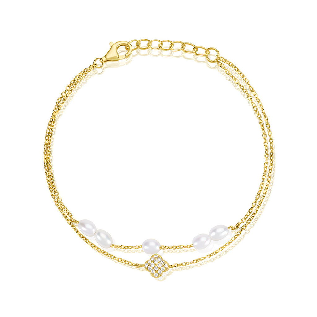 Damen Armband Silber vergoldet 925 Halbrund Weiß Natur Angelina 18,5cm 12mm, Armband mit Stein
