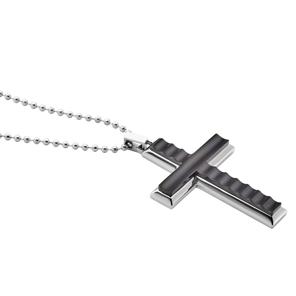 Herren Collier Edelstahl Bicolor Silber/Schwarz Religi&ouml;ses Kreuz B 2 mm