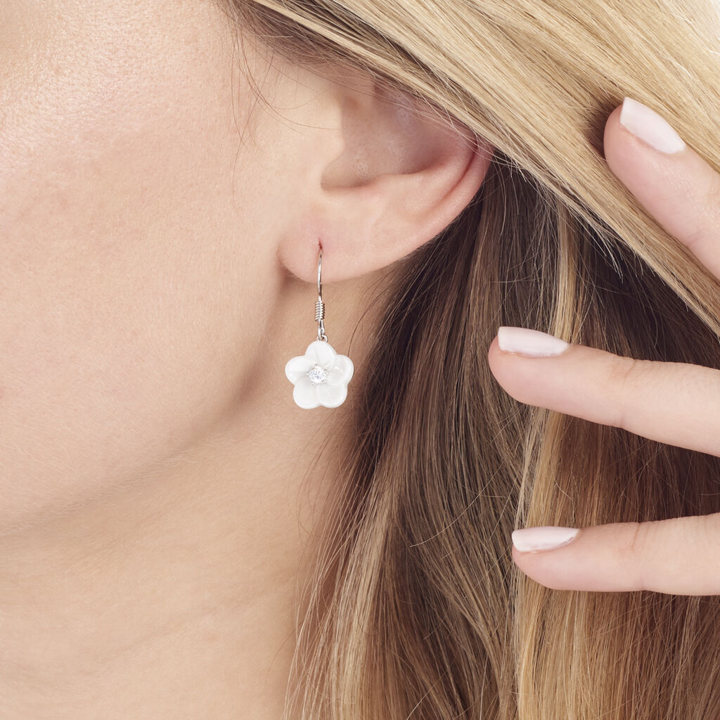 Boucles D'oreilles Pendantes Argent Rhodie Harione Fleur Ceramique - Spannringe Damen | OROVIVO