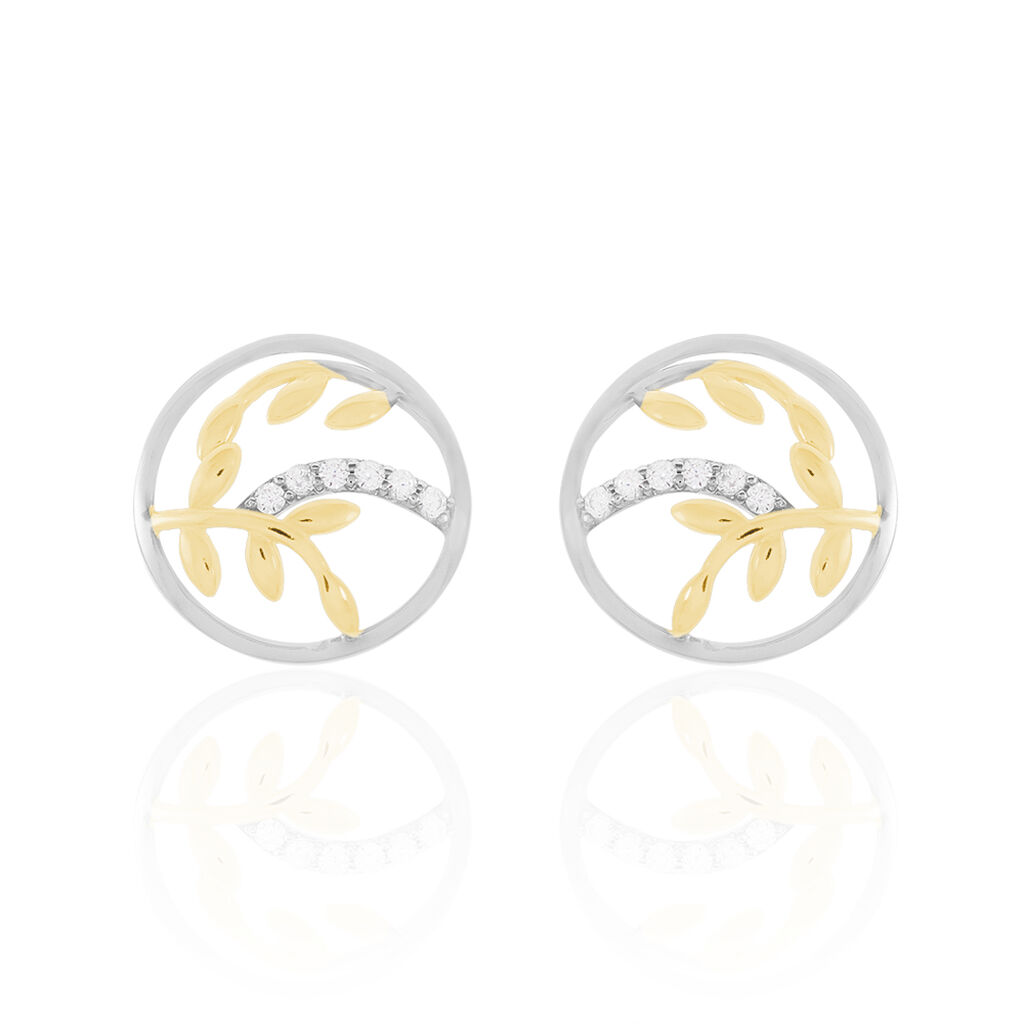 Damen Ohrstecker Silber 925 Bicolor Zirkonia Blatt, Ohrstecker mit Stein