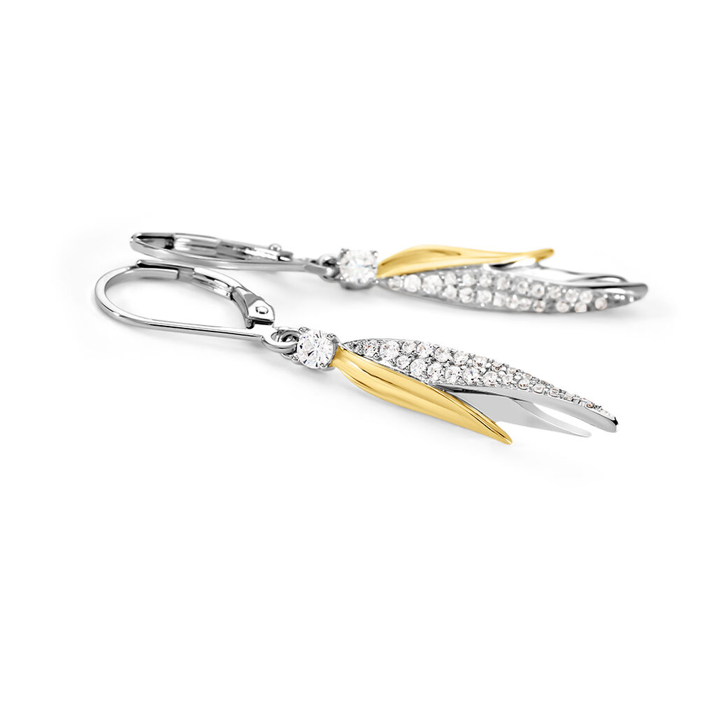 PAMINA Damen Ohrringe Lang Silber Bicolor Gelb/Silber 925 Zirkonia Wei&szlig; 0,28 ct Palmblatt