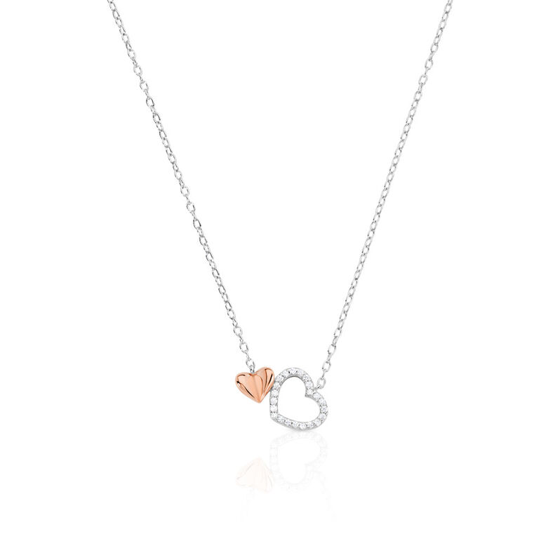LIDA Damen Collier Silber Bicolor Silber/Ros&eacute;gold 925 Zirkonia Wei&szlig; Doppelherz - Halsketten Damen | OROVIVO