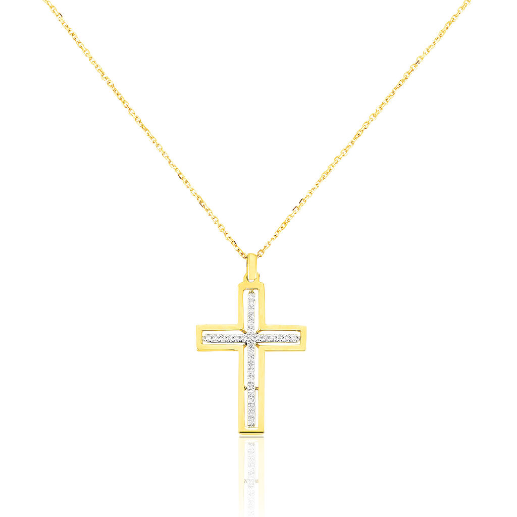 Kreuz HO 2 Damen Collier Gold 375 (9 Karat) Diamant Weiß 0,07 ct Religiöses Kreuz, Collier mit Stein