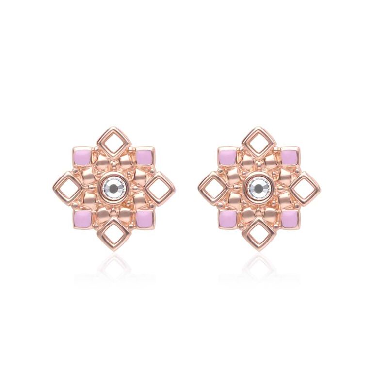 Orecchini a lobo in ottone rosato forma fiore con cristalli e smalto rosa - Spannringe Damen | OROVIVO