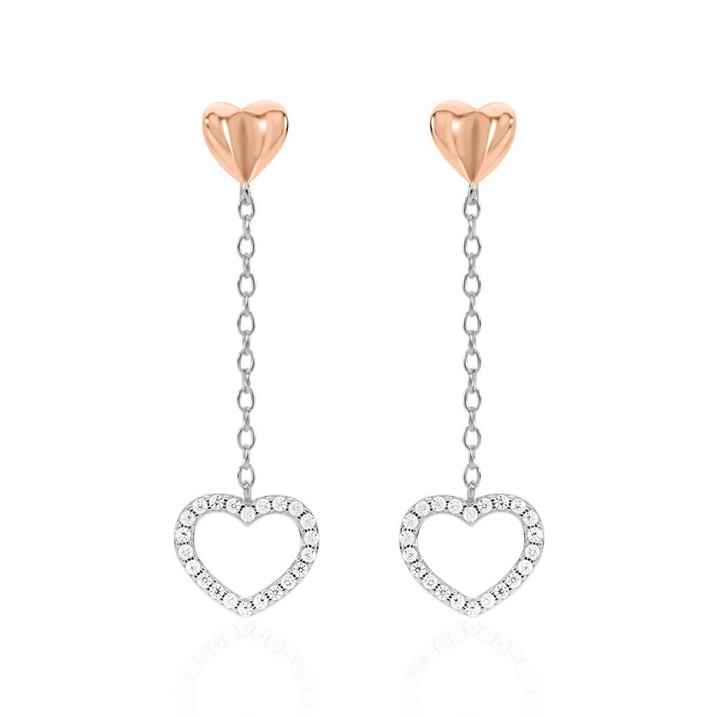 LIDA Damen Ohrringe Lang Silber Bicolor Silber/Roségold 925 Zirkonia Weiß Herz, Ohrringe Lang mit Stein