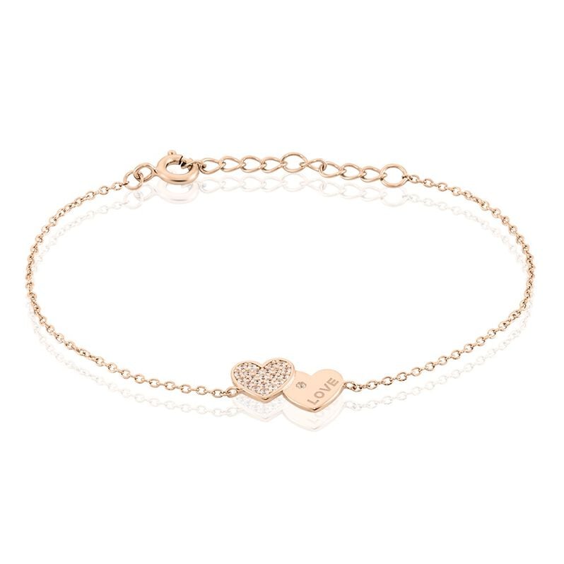 DORY Damen Armband Silber rosevergoldet 925 Zirkonia Wei&szlig; Doppelherz - Armb&auml;nder mit Anh&auml;nger Damen | OROVIVO