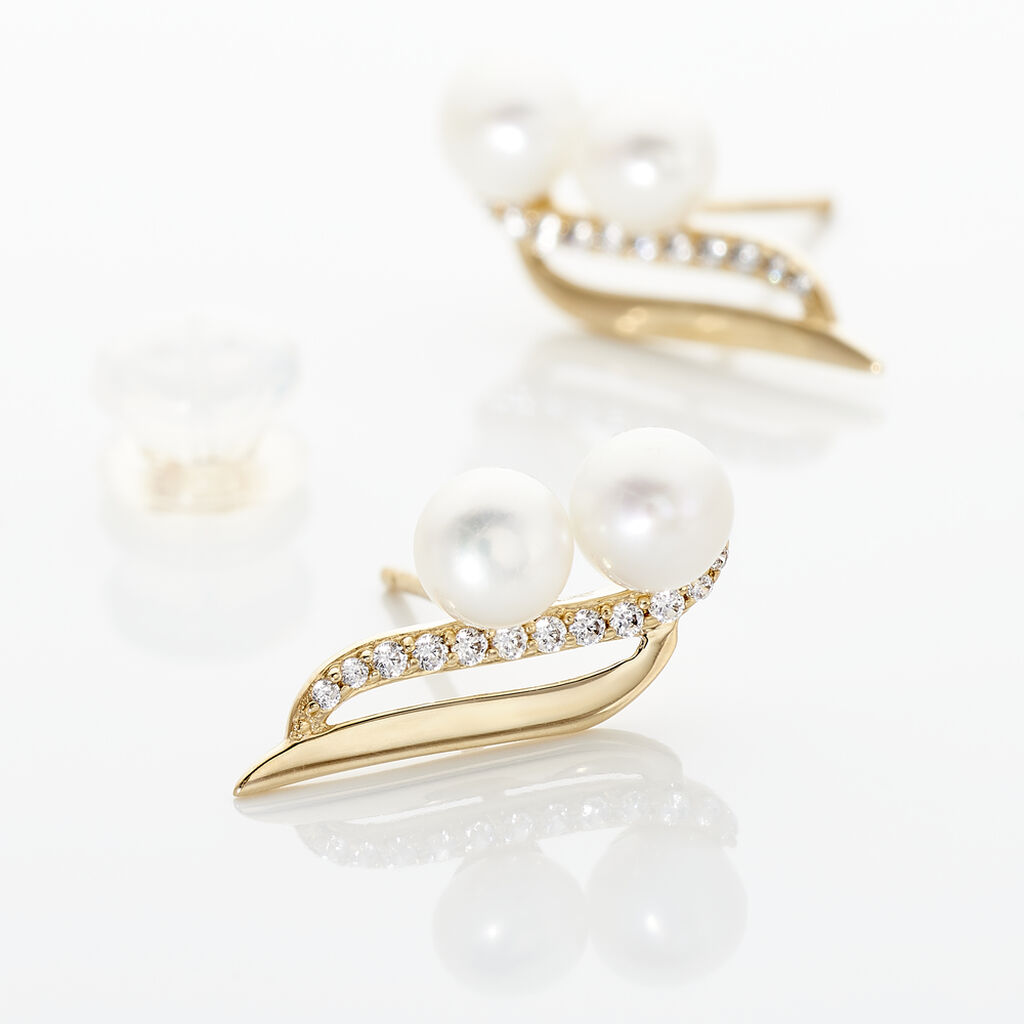 LOEVA Damen Ohrstecker Gold 375 (9 Karat) Zuchtperle Perlmutt Welle