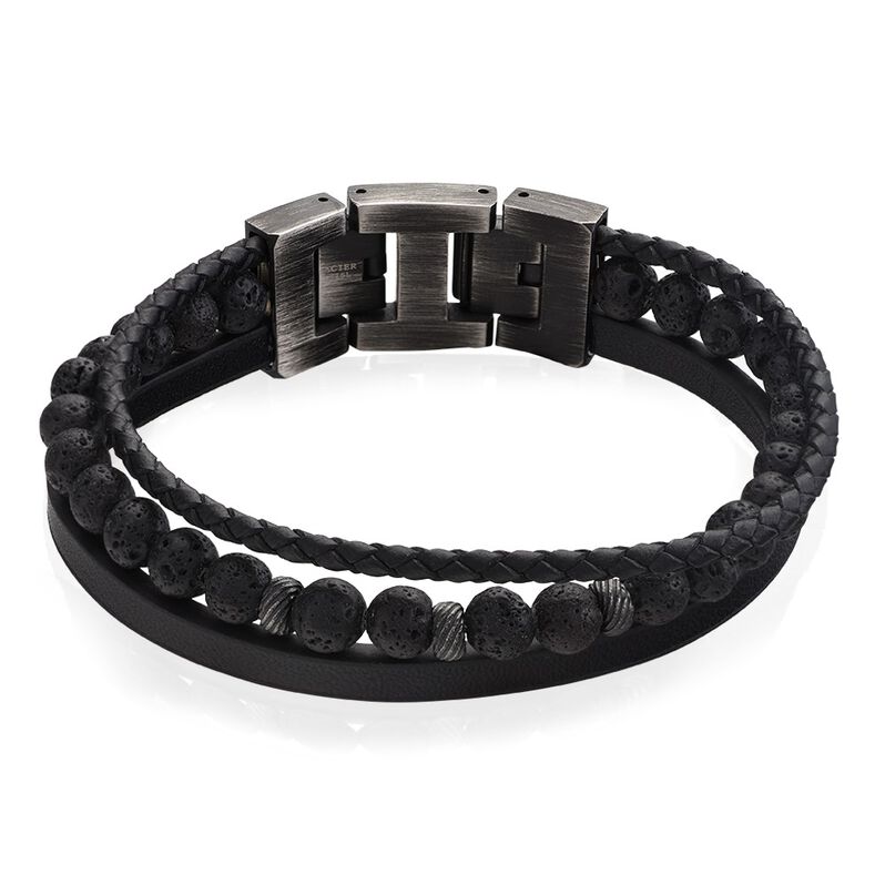 Bracelet Phebus Him Acier Vieilli Cuir Noir Pierre De Lave - Spannringe Herren | OROVIVO