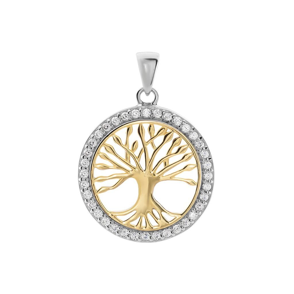 Damen Anh&auml;nger Silber Bicolor Gold/Silber 925 Zirkonia Wei&szlig; Baum B 20,2 mm