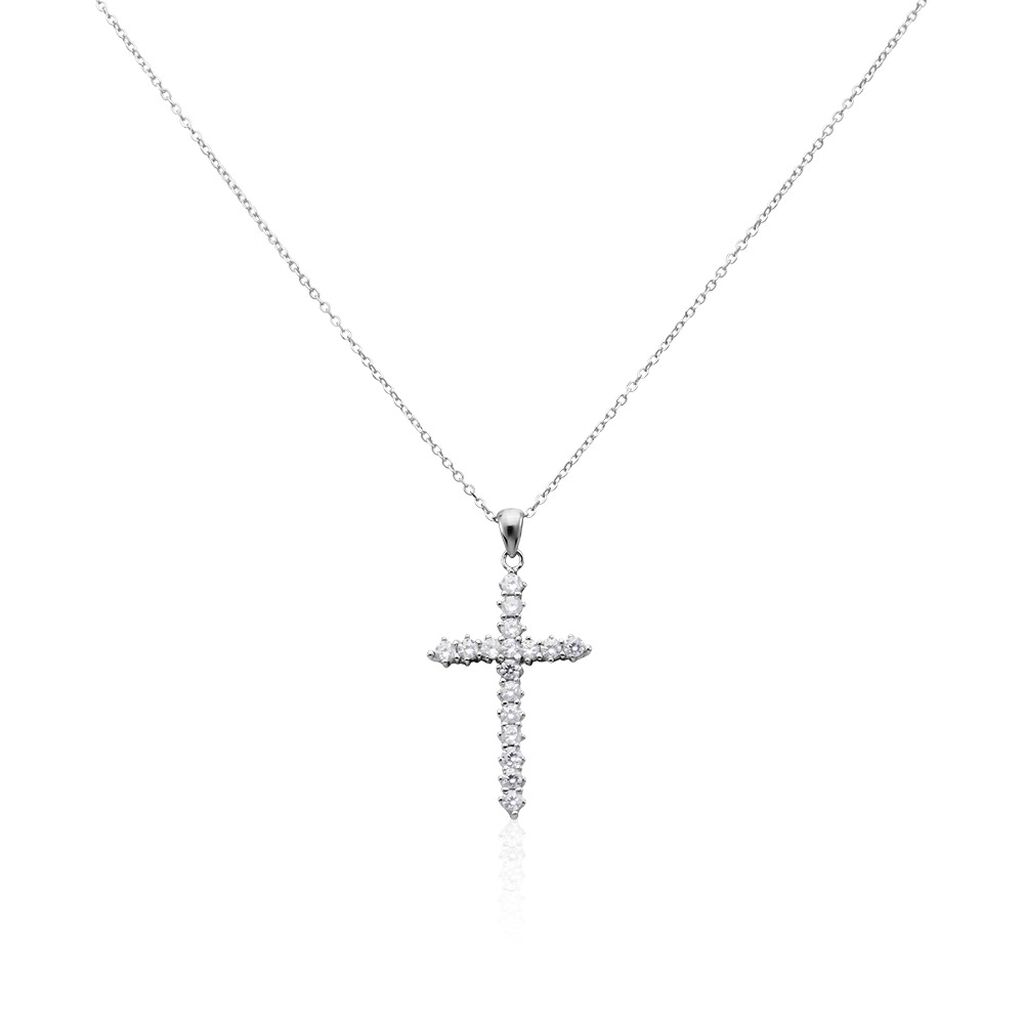 Thumbnail - Damen Collier Silber Silber 925 Zirkonia Weiß 1,6 ct Religiöses Kreuz B 0,3 mm, Collier mit Stein