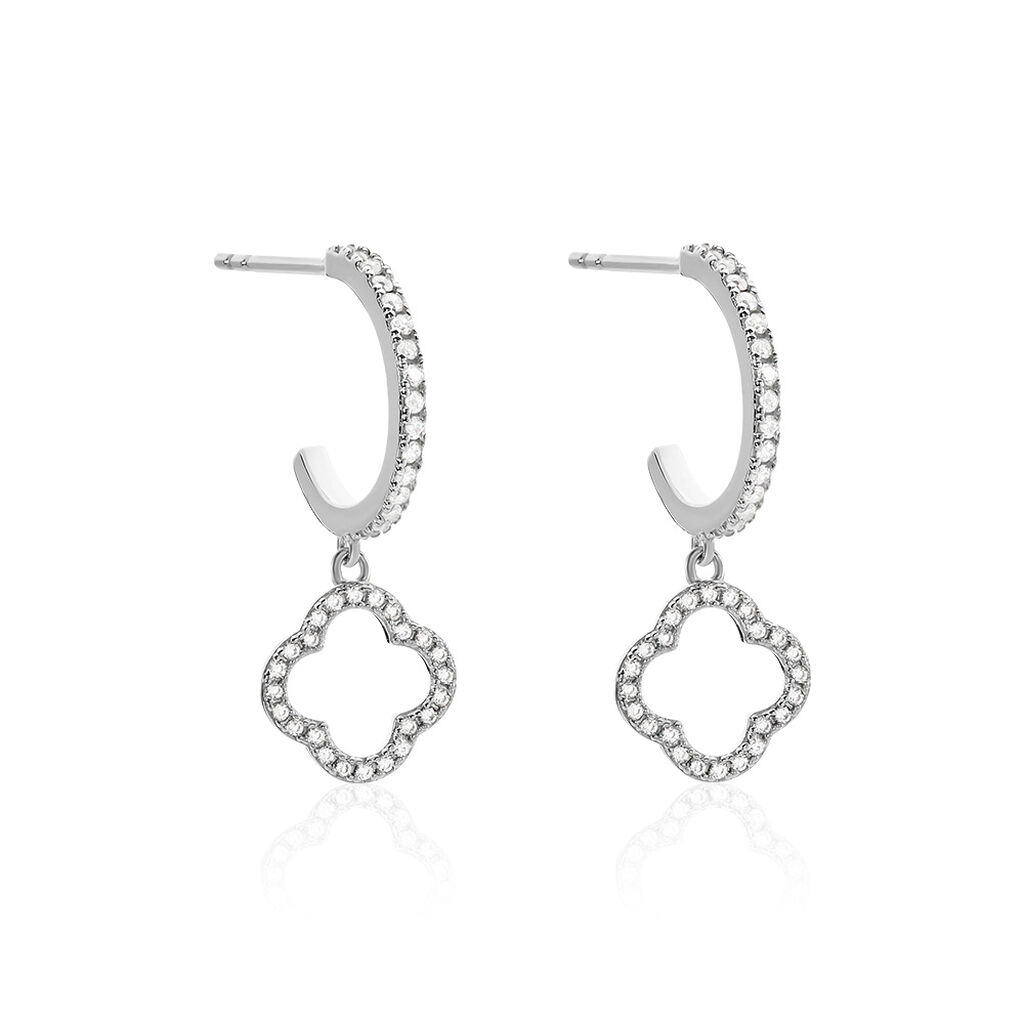 SELENA Damen Ohrringe Lang Silber 925 Zirkonia Weiß Talisman Kleeblatt, Ohrringe Lang mit Stein