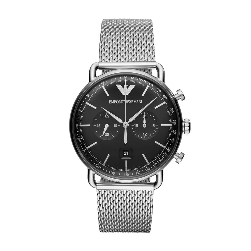 Emporio Armani orologio cronografo in acciaio silver con bracciale in mesh e quadrante nero - Spannringe Herren | OROVIVO