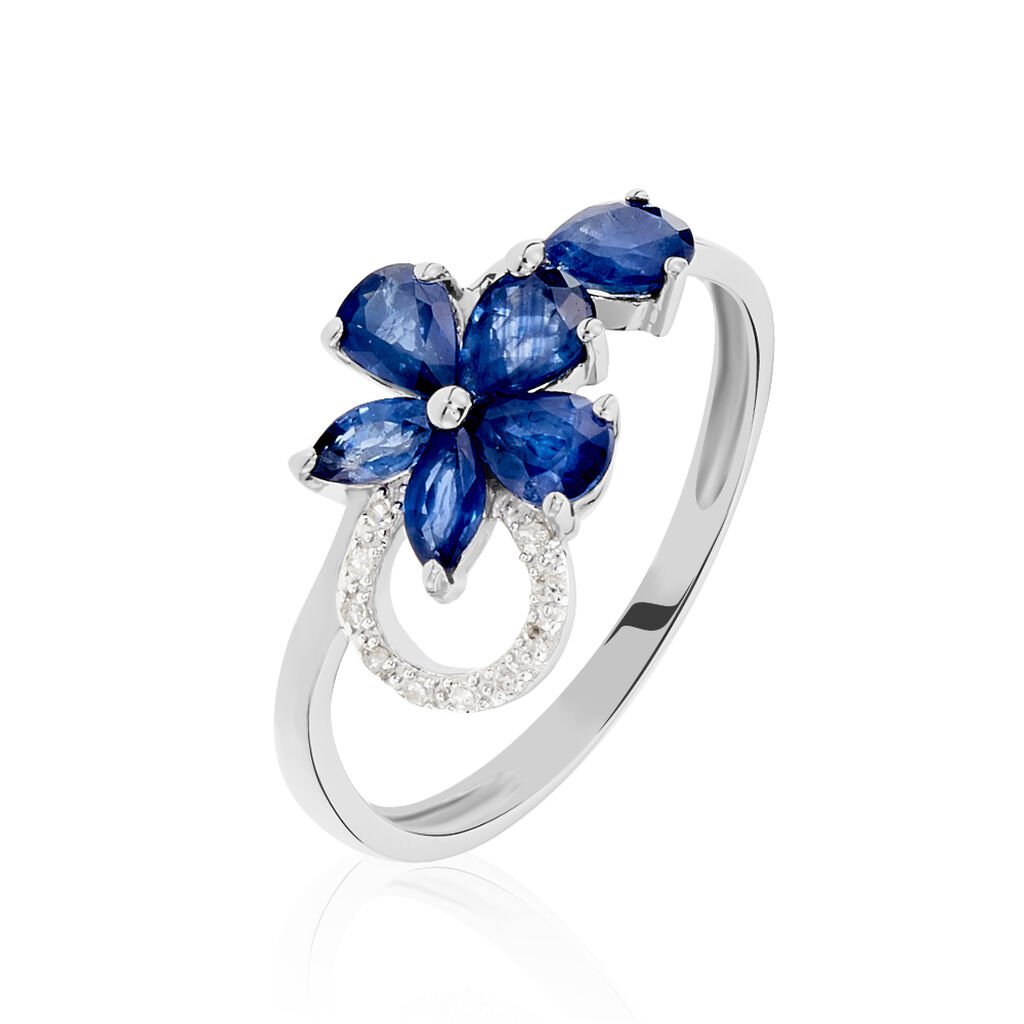 ANGIE Damen Ring Wei&szlig;gold 375 (9 Karat) Saphir Blau 0,03 ct Blume