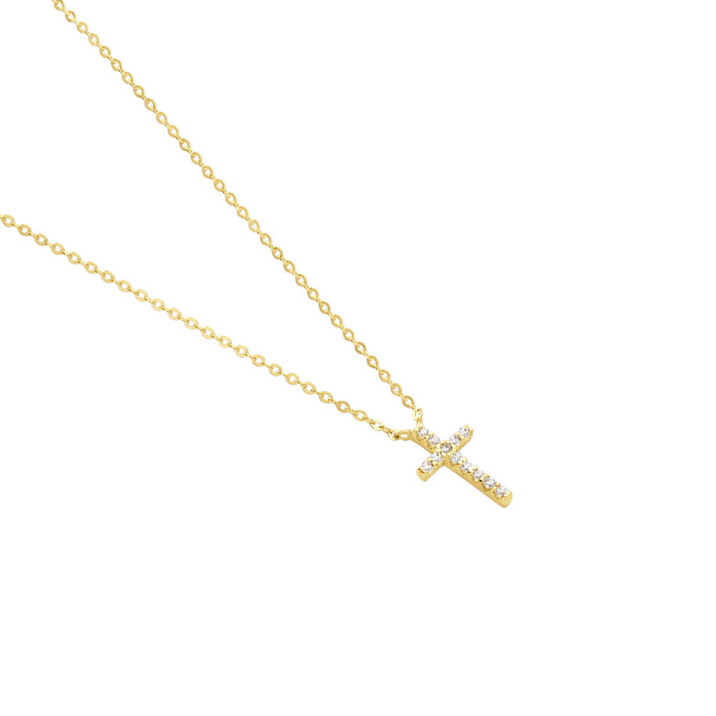 Ponia Damen Collier Gold 375 (9 Karat) Zirkonia Wei&szlig; Kreuz