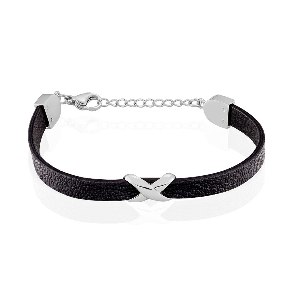 Bracelet Cuir De Veau Noir Et Acier Gris Leatus Croix - Spannringe Damen | OROVIVO