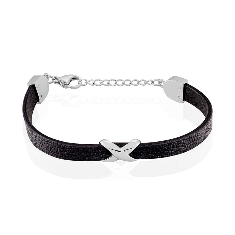 Bracelet Cuir De Veau Noir Et Acier Gris Leatus Croix - Spannringe Damen | OROVIVO