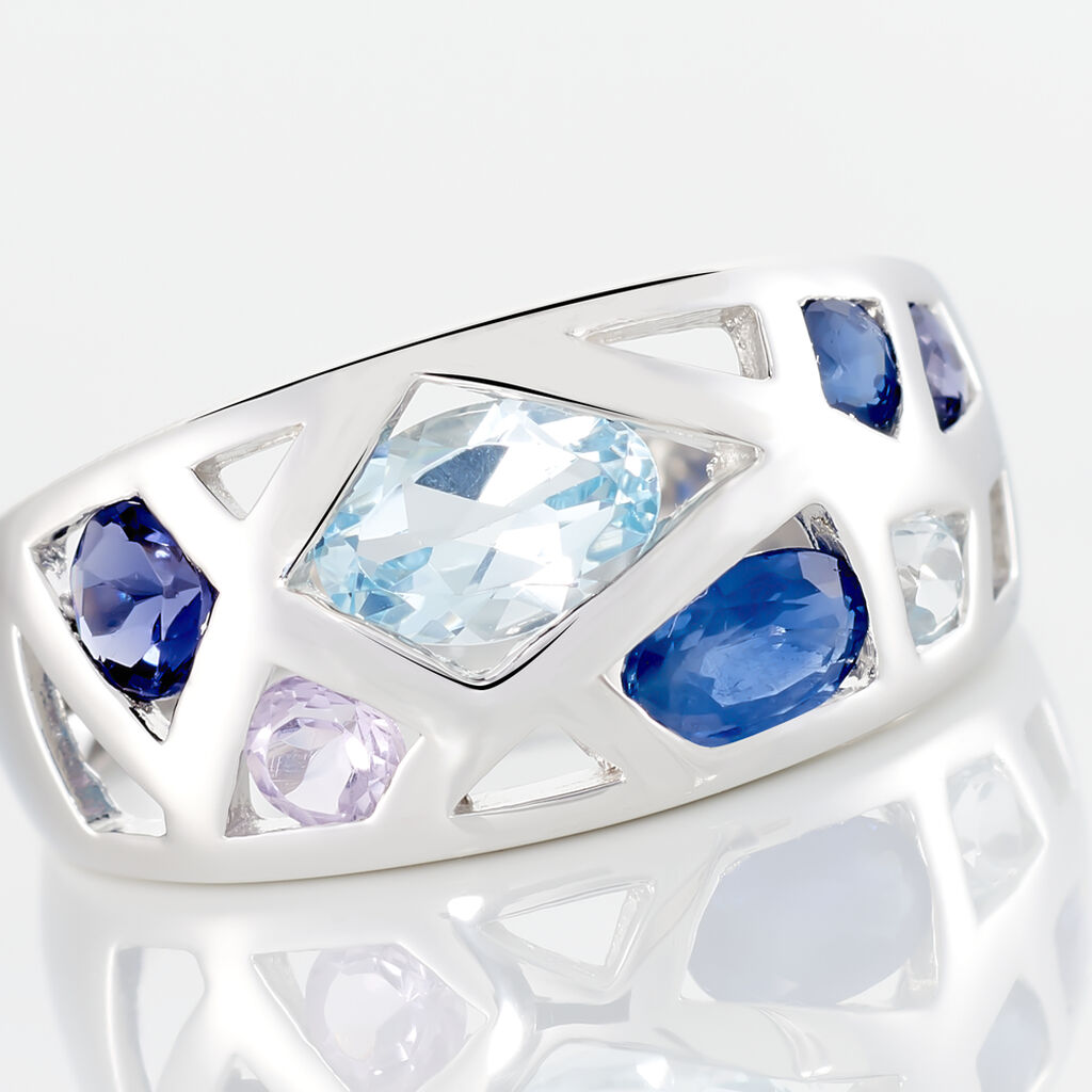 Bague Mosaique Or Blanc Cordierite Et Topaze Et Saphir - Spannringe Damen | OROVIVO