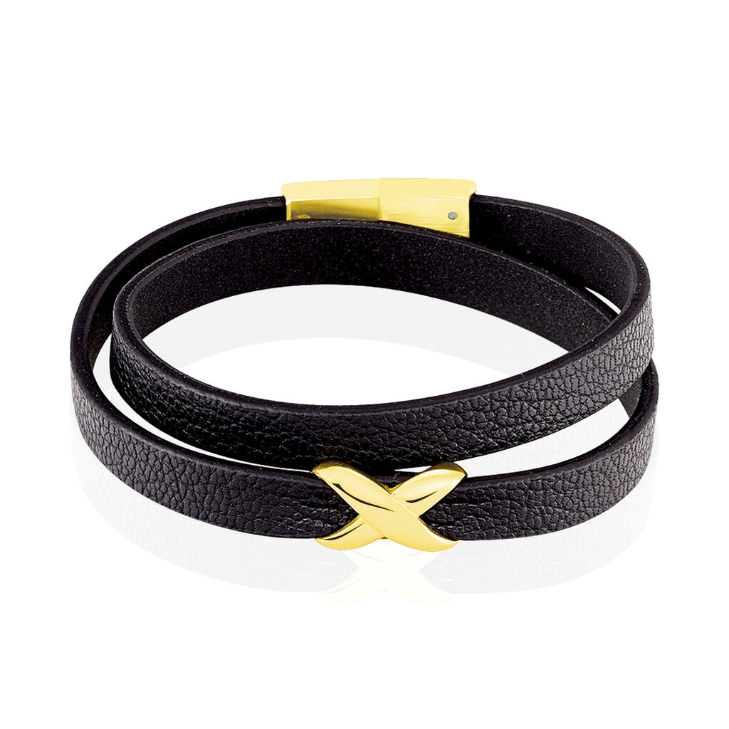 Bracelet Double Tour Cuir De Veau Noir Et Acier Dore Leatus Croix - Spannringe Damen | OROVIVO
