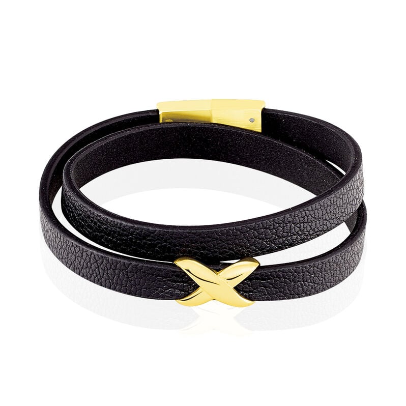 Bracelet Double Tour Cuir De Veau Noir Et Acier Dore Leatus Croix - Spannringe Damen | OROVIVO