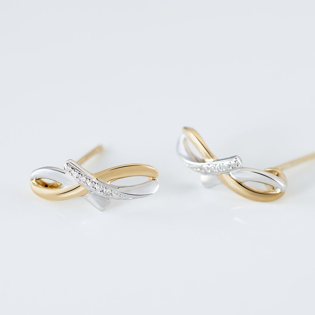 SOUKAYNA Damen Ohrstecker Gold Bicolor 375 (9 Karat) Diamant Wei&szlig; 0,01 ct Welle