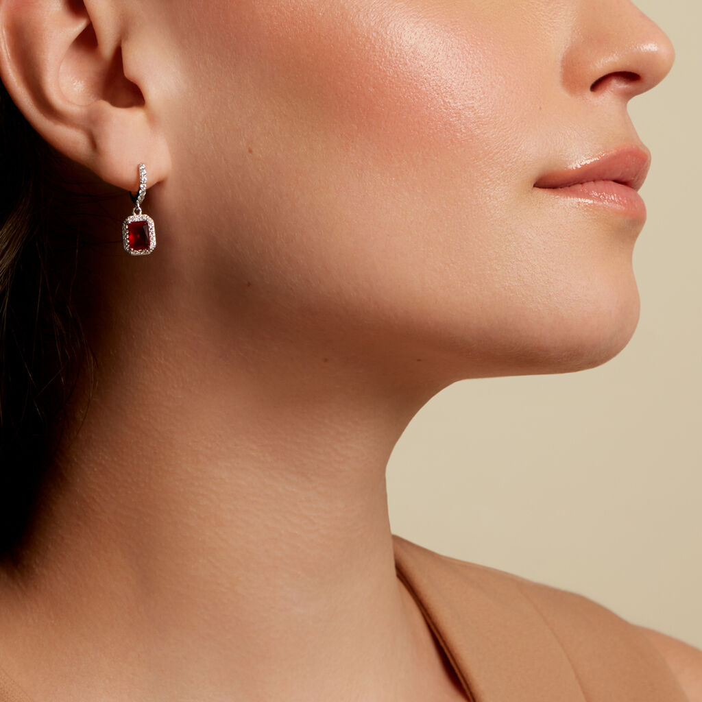 VELOURA Damen Ohrringe Lang Silber 925 Glas Rot 0,26 ct Rechteckig