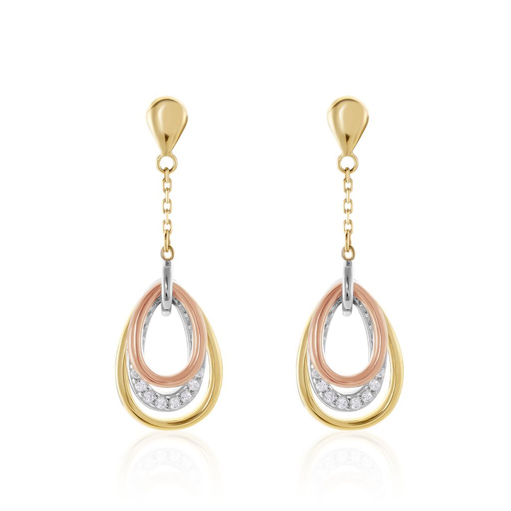 Damen Ohrstecker Lang Gold 375 Tricolor Zirkonia, Ohrringe Lang mit Stein