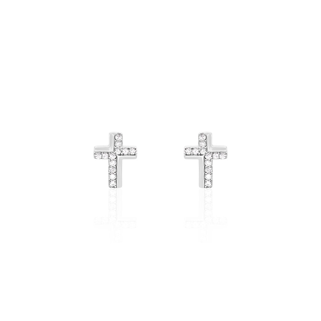 ROSA KREUZ Damen Ohrstecker Silber 925 Zirkonia Weiß Religiöses Kreuz, Ohrstecker mit Stein