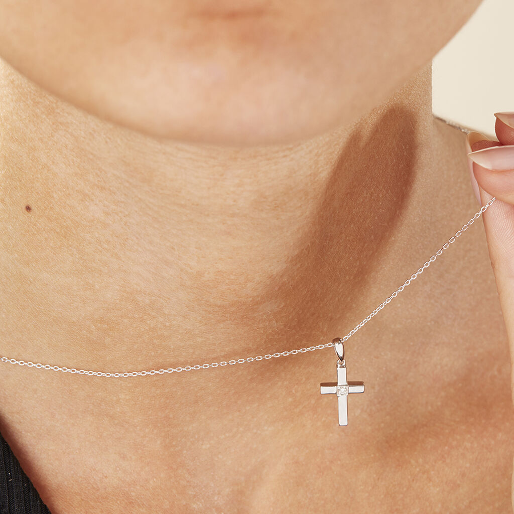 Unisex Anhänger Weißgold 375 Diamant 0,02ct Religiöses Kreuz Kreuz 2  - Schmuckanhänger Unisex | OROVIVO