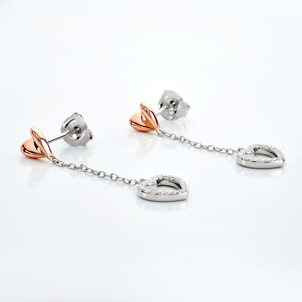 LIDA Damen Ohrringe Lang Silber Bicolor Silber/Ros&eacute;gold 925 Zirkonia Wei&szlig; Herz