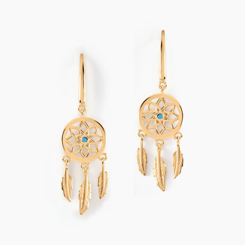 Boucles D'oreilles Plaqué Or Jaune Attrape Rêves Turquoises - Spannringe Damen | OROVIVO