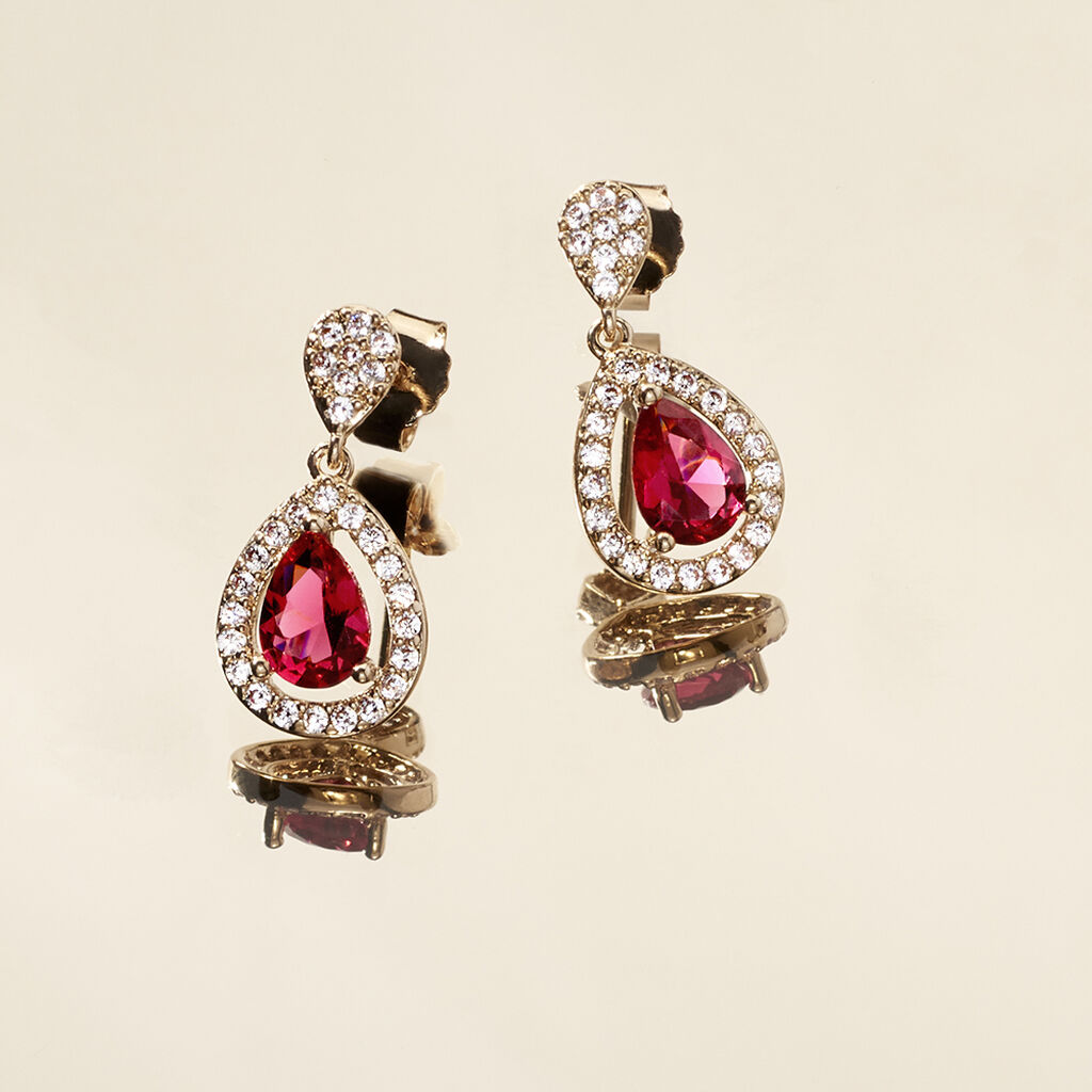 BRIGITA Damen Ohrringe Lang Vergoldet Synthetischer Stein Rot Tropfen