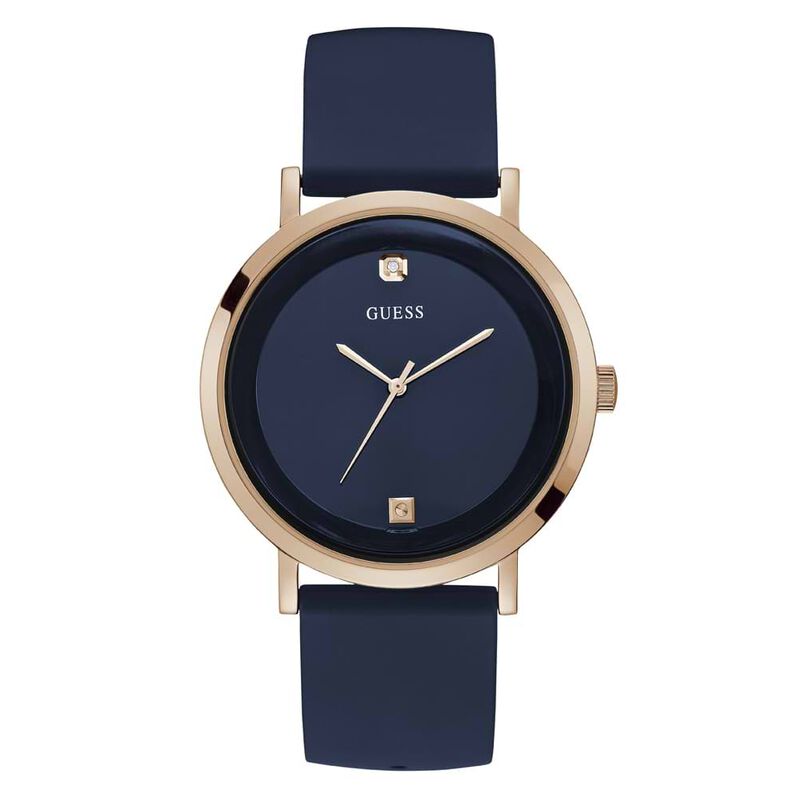 Orologio Guess con cinturino in silicone blu e cassa in acciaio color oro rosa - Spannringe Herren | OROVIVO