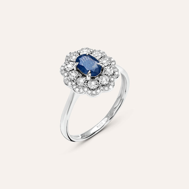 Anello Solitario Elizabeth Crown Oro Bianco Zaffiro Diamante - Spannringe Damen | OROVIVO
