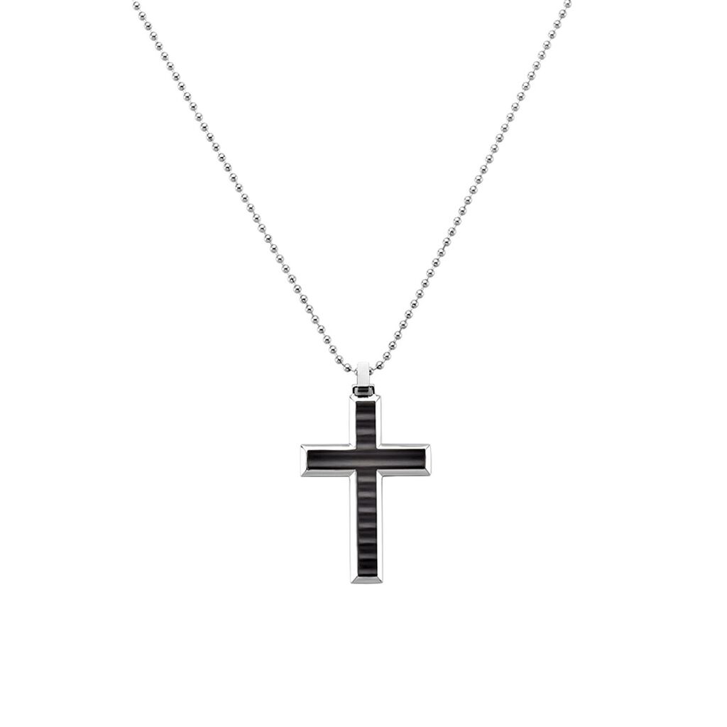 Herren Collier Edelstahl Bicolor Silber/Schwarz Religi&ouml;ses Kreuz B 2 mm