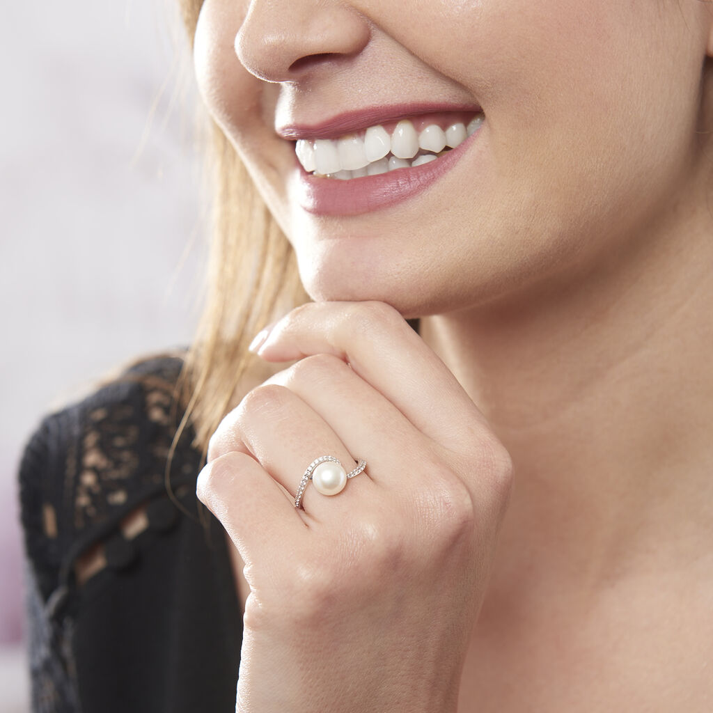 Bague Aricie Or Blanc Oxyde De Zirconium Et Perle De Culture - Spannringe Damen | OROVIVO